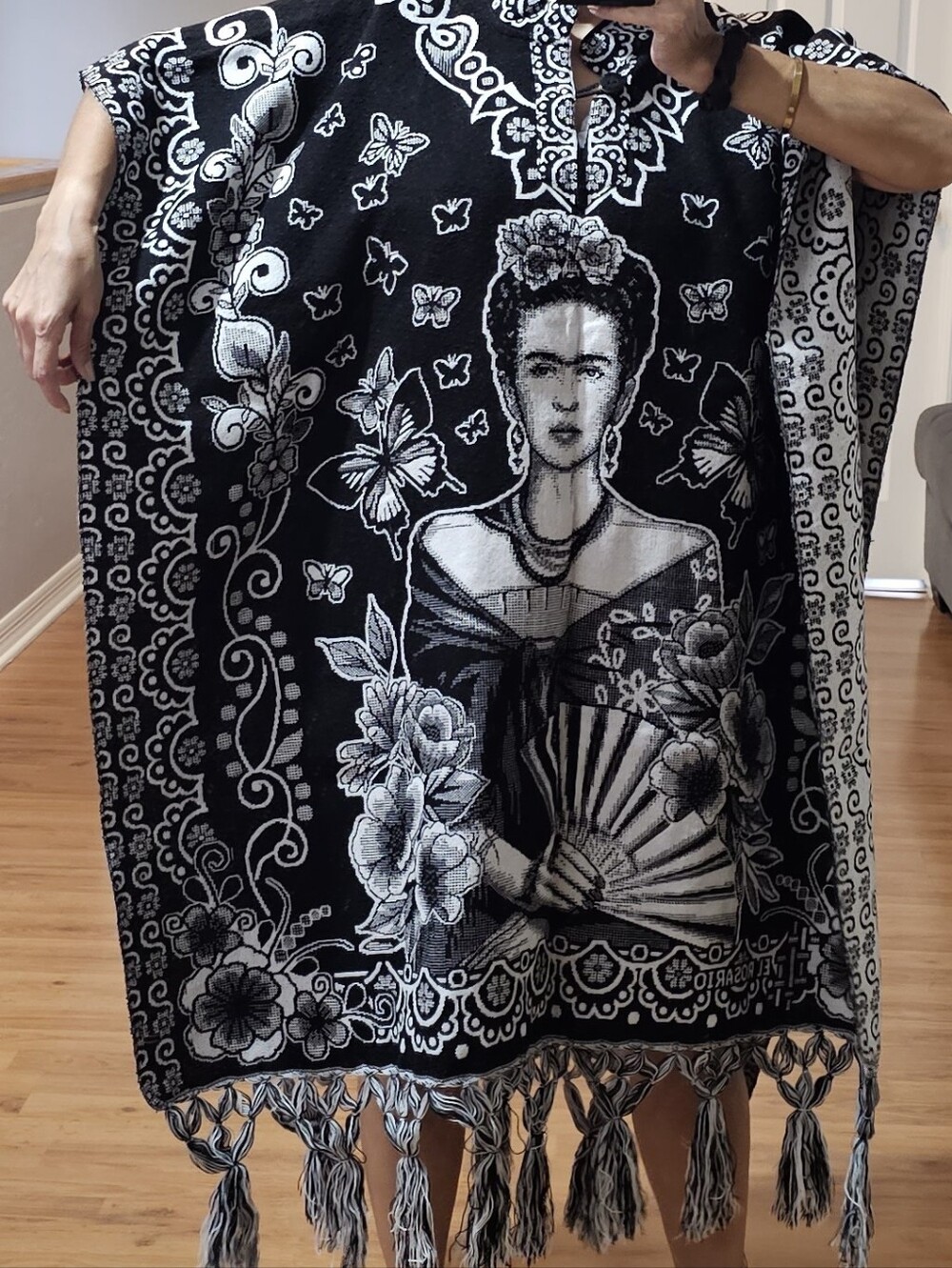 Frida Kahlo Black & White Tassel Poncho - Artistic Home Accent